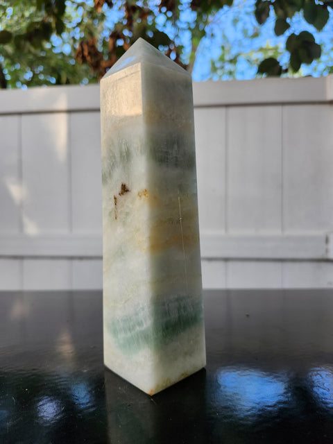 Blue and white striped calcite tower! 1.3 pounds, 7 inches