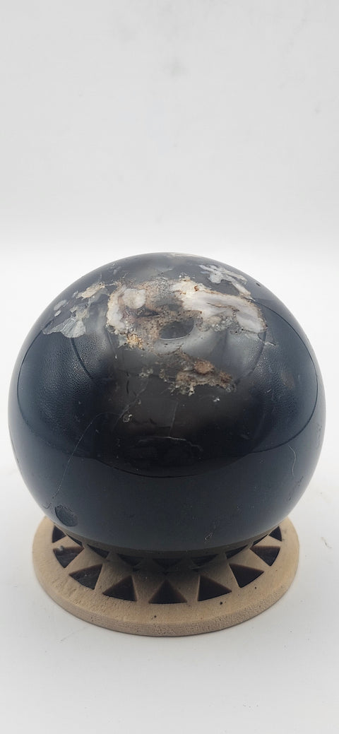 Black agate sphere. 55.6mm, 2.18 inches, 8.3 ounces!
