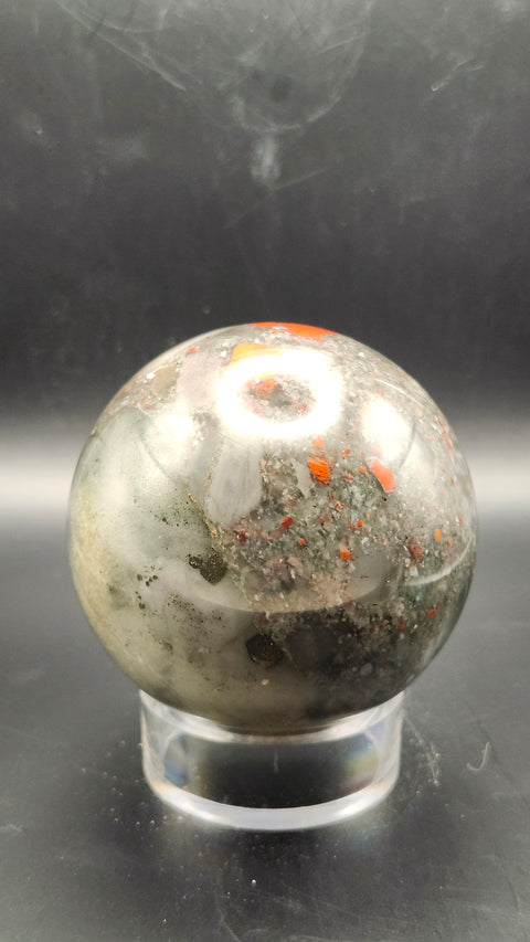 African bloodstone sphere. 66.5mm, 2.62 inches, 15.2 ounces