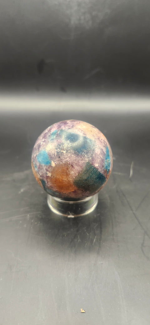 Blue apatite, lepidolite, Sunstone sphere. 45.9mm, 1.81 inches, 4.1 ounces!