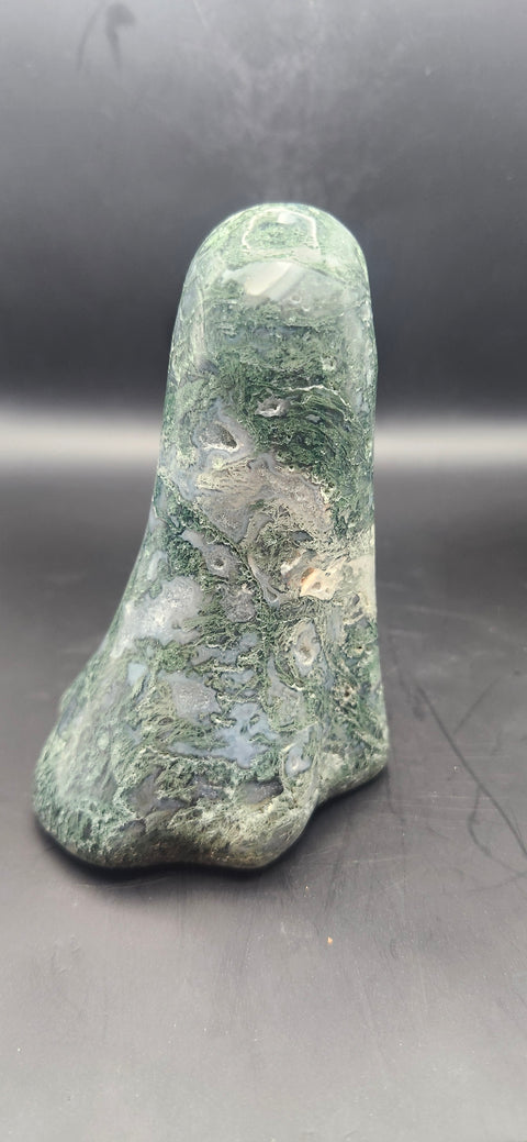 Moss agate tower. 13.5 ounces, 4 inches tall