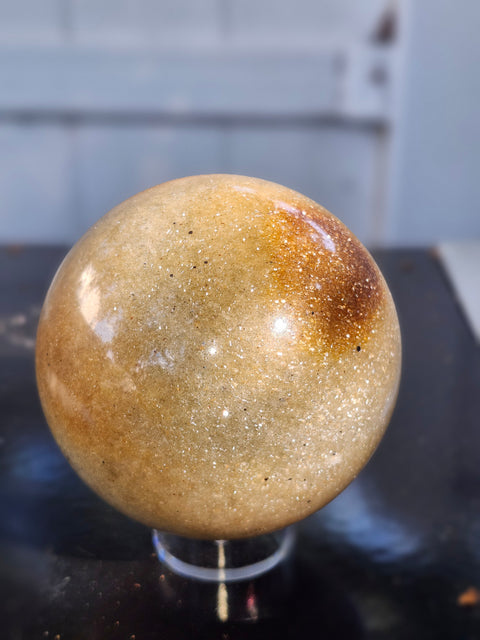 Green and gold aventurine sphere with silver flash 1.4 pounds, 74mm
