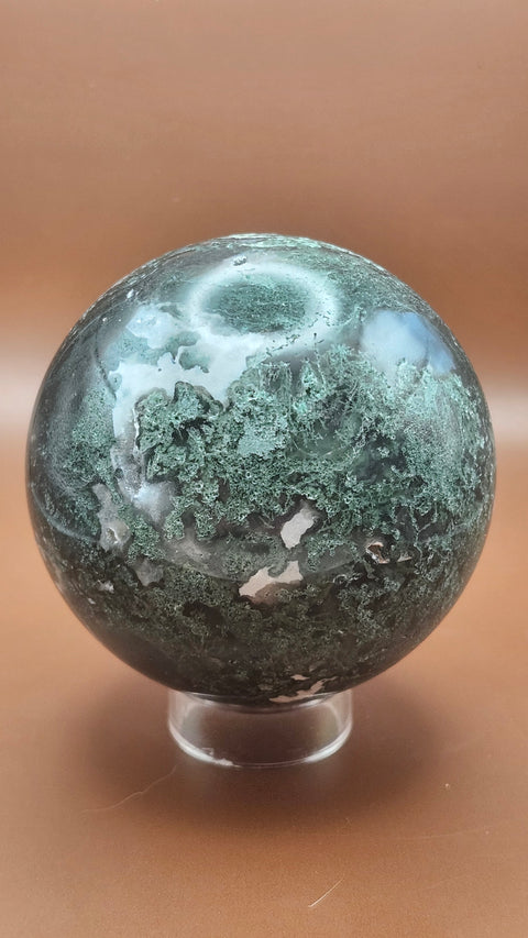 Moss agate sphere. 75mm, 2.96 inches, 1.4 pounds!