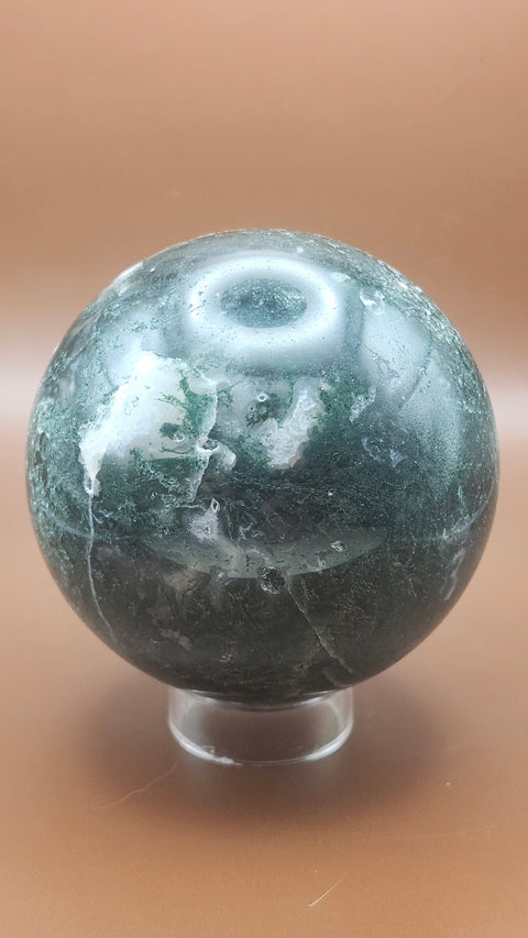 Moss agate sphere. 75mm, 2.96 inches, 1.4 pounds!