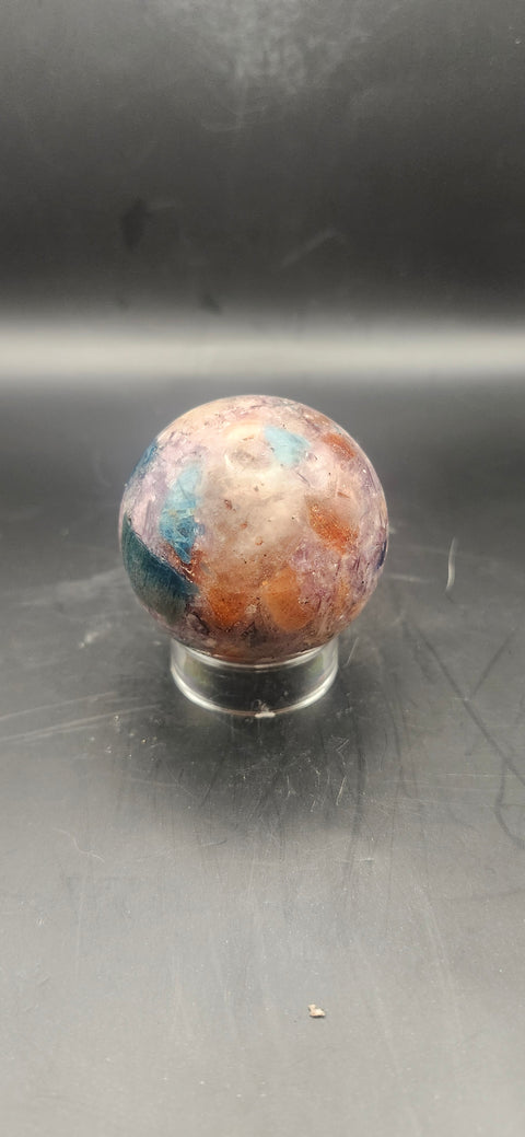 Blue apatite, lepidolite, Sunstone sphere. 45.9mm, 1.81 inches, 4.1 ounces!