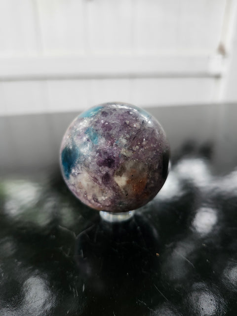 4 to 5 ounce Blue apatite, lepidolite, Sunstone sphere 56.2 mm, 2.21 inches