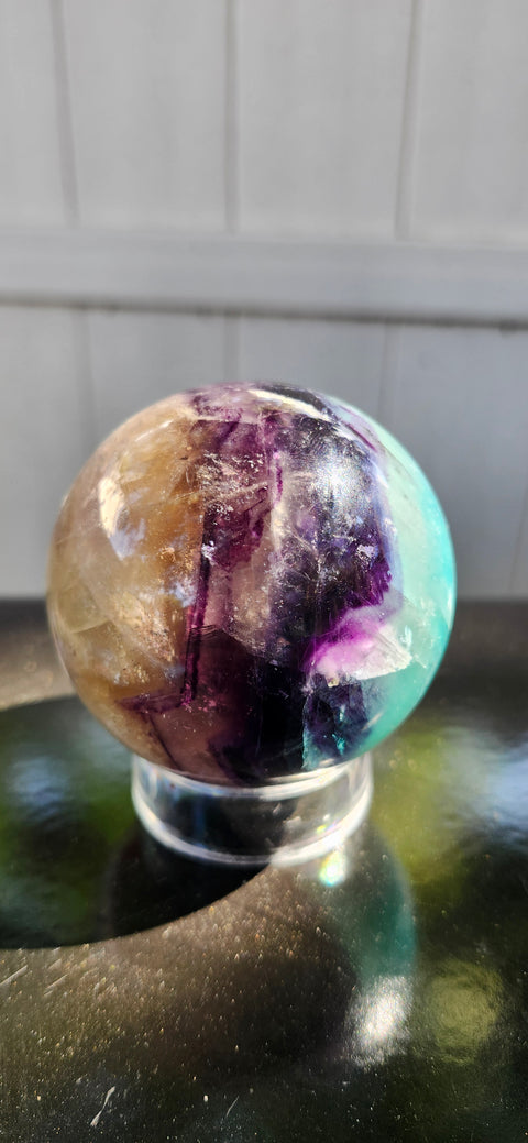 Blue,purple, clear florite sphere. 67.8mm, 2.67 inches, 1.2 pounds