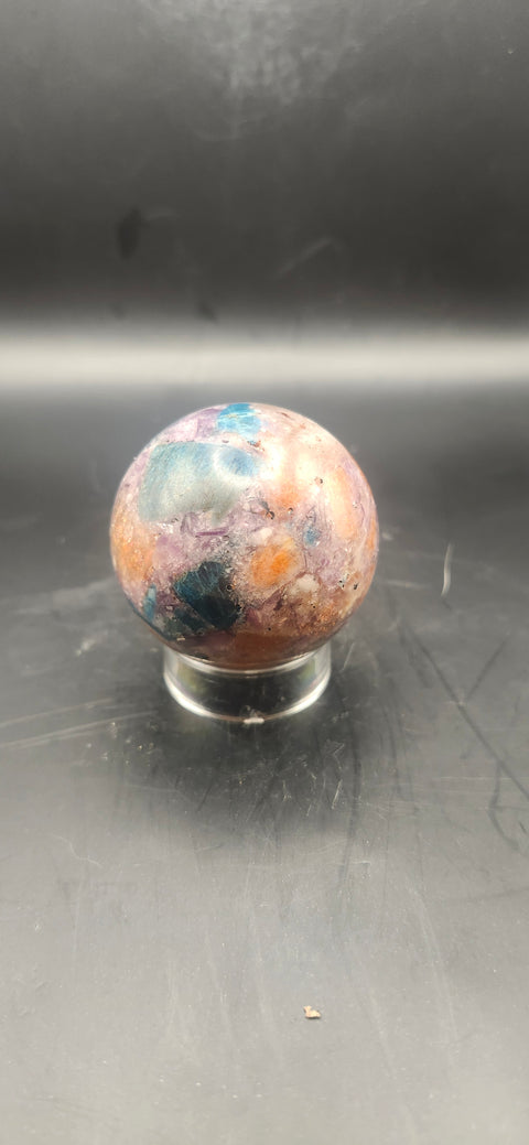 Blue apatite, lepidolite, Sunstone sphere. 45.9mm, 1.81 inches, 4.1 ounces!