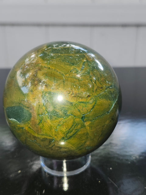 Green jasper sphere! 15.3 ounces, 66mm, 2.6 inches