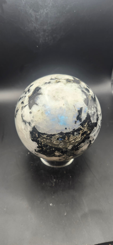 Rainbow moonstone sphere! 87.8mm, 3.45 inches, 2.2 pounds