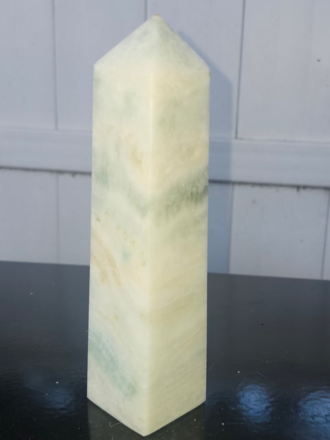 Blue and white striped calcite tower! 1.3 pounds, 7 inches