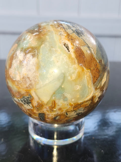 Blue and brown calcite sphere! 73mm, 2.88 inches, 1.3 pounds