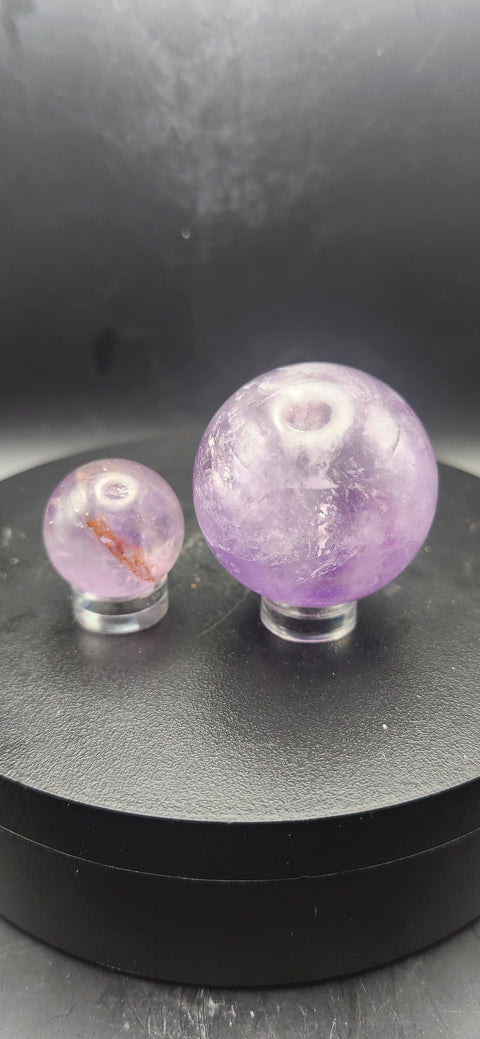 Amethyst quartz spheres set of 2. 1.3 inch and .9 inch