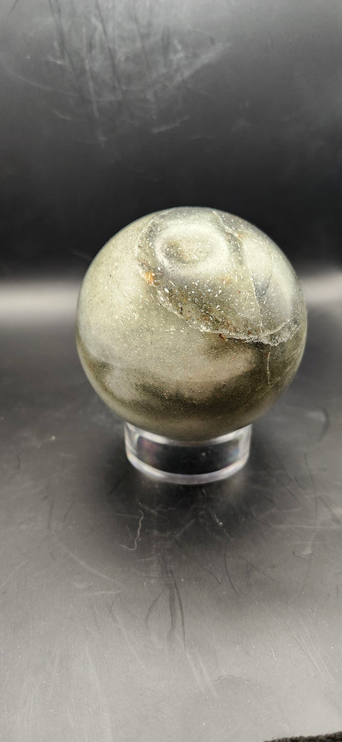 Green,gray aventurine sphere, 72.3mm, 2.84 inches, 1.2 pounds. Sparkles!!