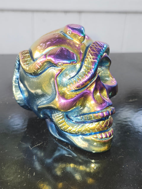 Titanium obsidian skull & snake! 1.1 pound, 3.7 inches long, 3 tall, 2.5 wide