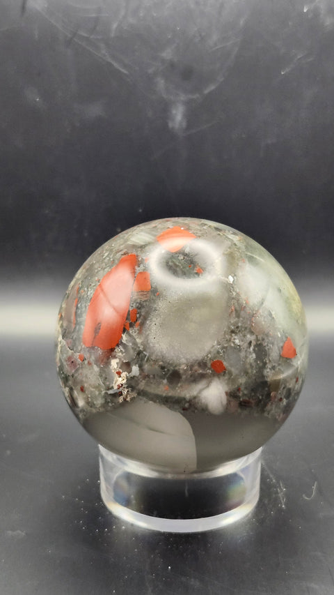African bloodstone sphere. 66.5mm, 2.62 inches, 15.2 ounces