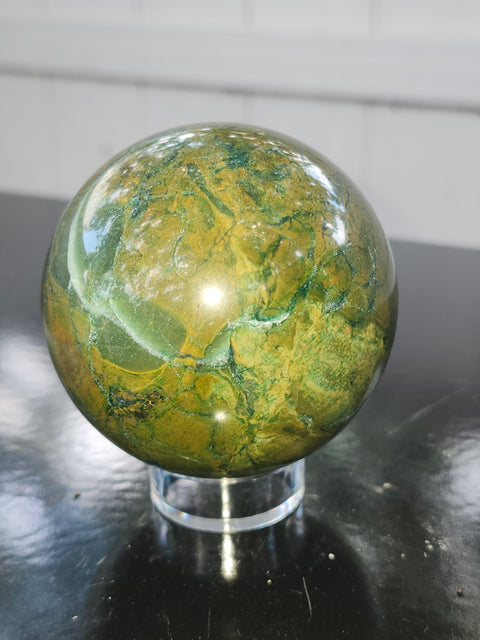 Green jasper sphere! 15.3 ounces, 66mm, 2.6 inches