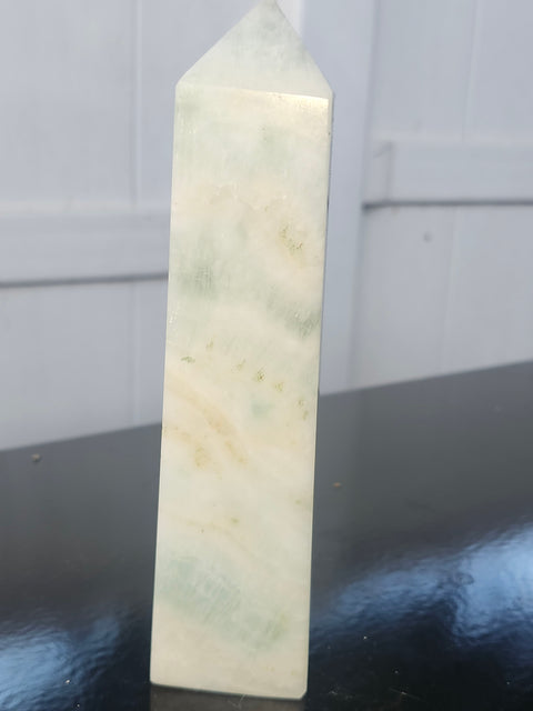 Blue and white striped calcite tower! 1.3 pounds, 7 inches