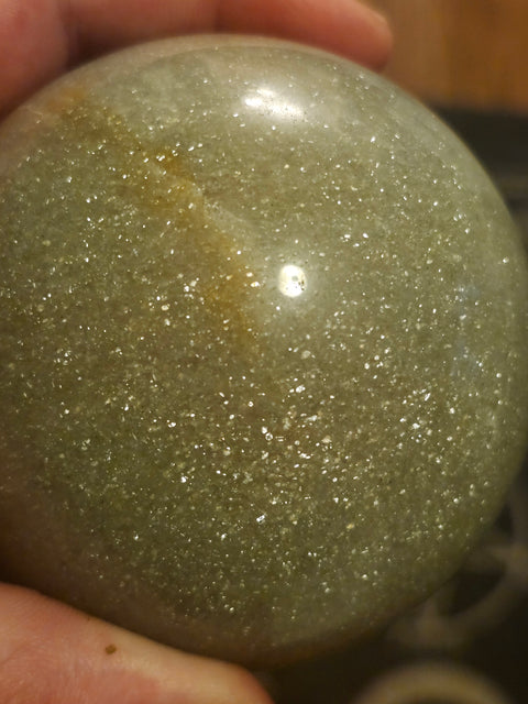Green aventurine sphere with silver flash! 1.11 pounds, 81mm, 3.2 inches