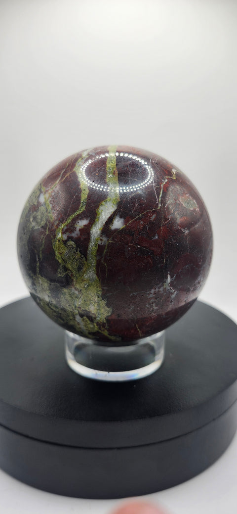 Dragon bloodstone sphere! 79.8mm, 3.14 inches, 1.11 pounds