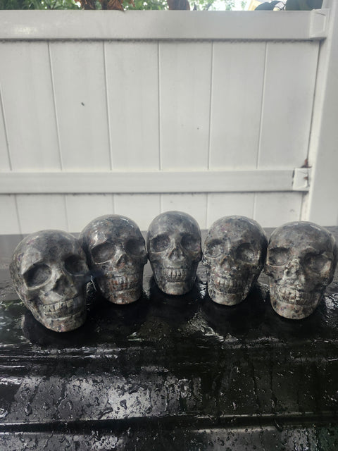 Flame stone yooperlite skull, 1.1 pound, 3.8 inches long, 3.1 tall, 2.3 wide