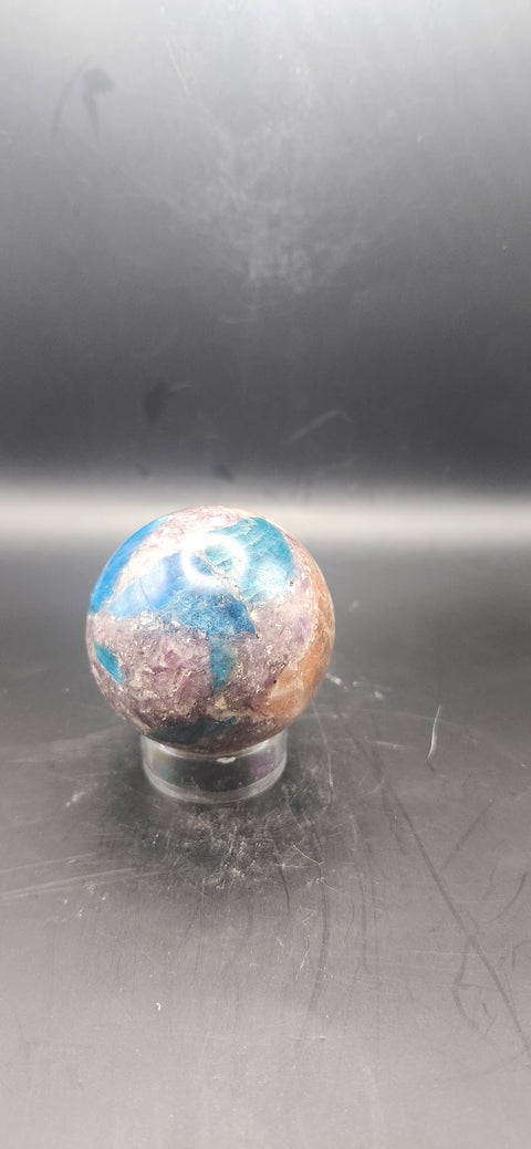 Blue apatite, lepidolite, Sunstone sphere. 49.9mm, 1.96 inches 5.3 ounces