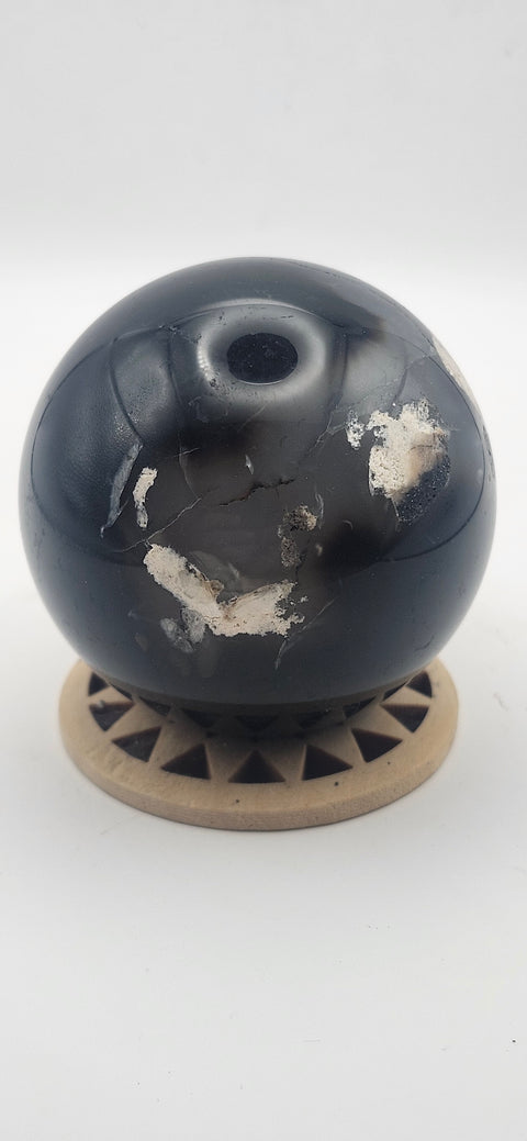 Black agate sphere. 55.6mm, 2.18 inches, 8.3 ounces!