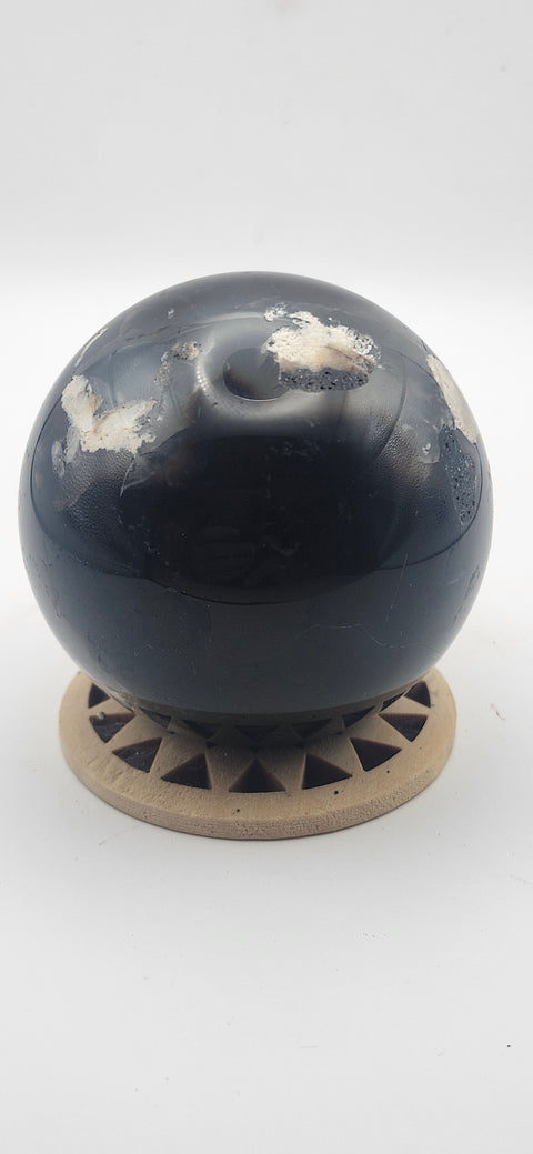 Black agate sphere. 55.6mm, 2.18 inches, 8.3 ounces!
