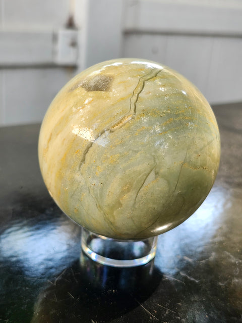 Blue and white striped calcite sphere! 67mm. 2.66 inches, 15 ounces