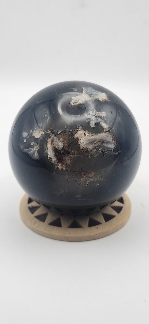 Black agate sphere. 55.6mm, 2.18 inches, 8.3 ounces!