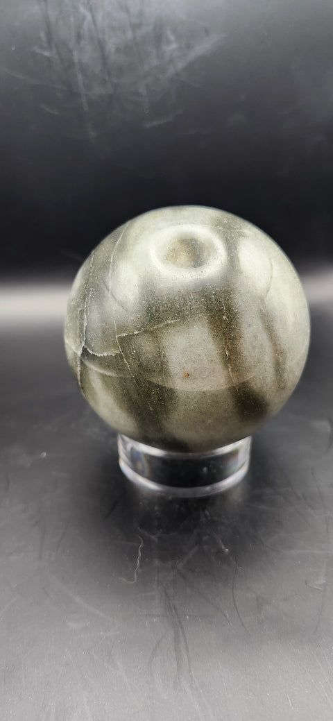 Green,gray aventurine sphere, 72.3mm, 2.84 inches, 1.2 pounds. Sparkles!!