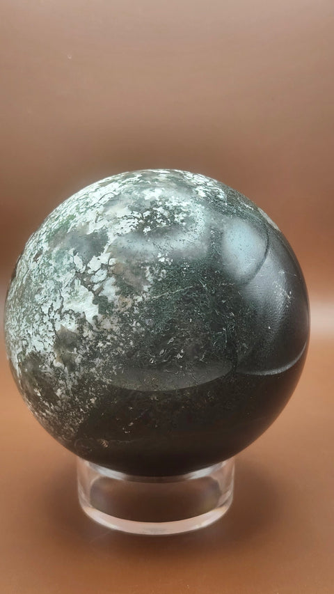 Moss agate sphere. 81.4mm,.3.20 inches, 1.9 inches