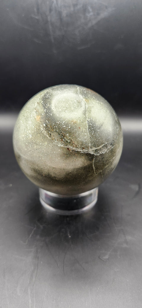 Green,gray aventurine sphere, 72.3mm, 2.84 inches, 1.2 pounds. Sparkles!!