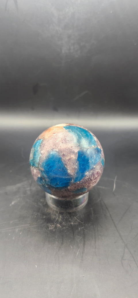 Blue apatite, lepidolite, Sunstone sphere. 49.9mm, 1.96 inches 5.3 ounces