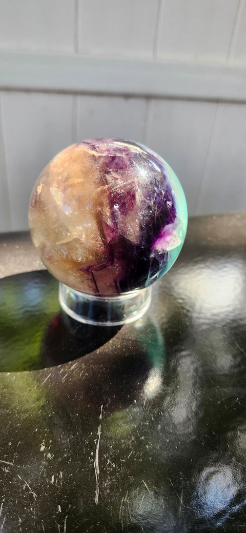 Blue,purple, clear florite sphere. 67.8mm, 2.67 inches, 1.2 pounds