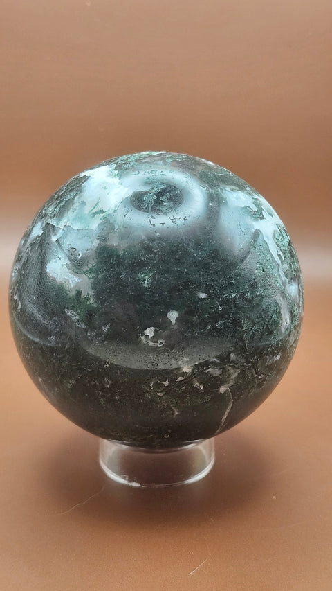 Moss agate sphere. 75mm, 2.96 inches, 1.4 pounds!