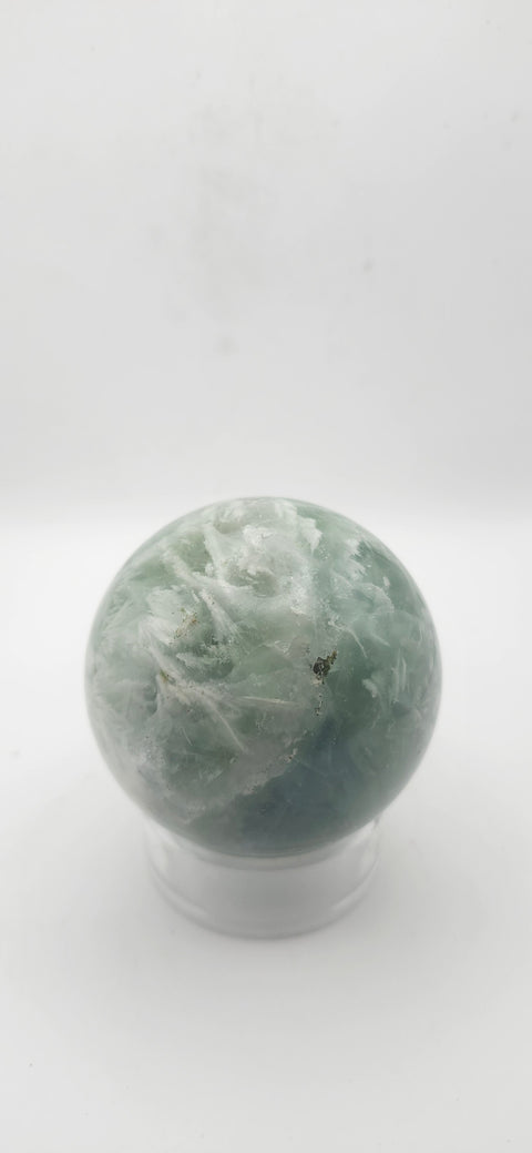 Snowflake florite sphere. 59.6mm, 2.34 inches, 12.4 ounces