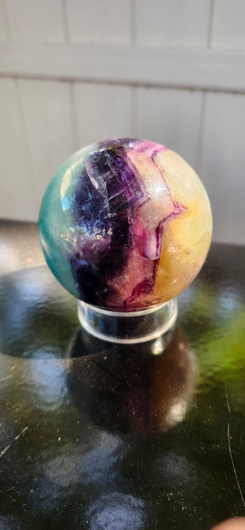 Blue,purple, clear florite sphere. 67.8mm, 2.67 inches, 1.2 pounds