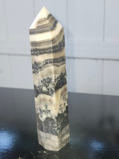 Gray,white,black striped calcite tower 5.87 inches, 9.5 ounces