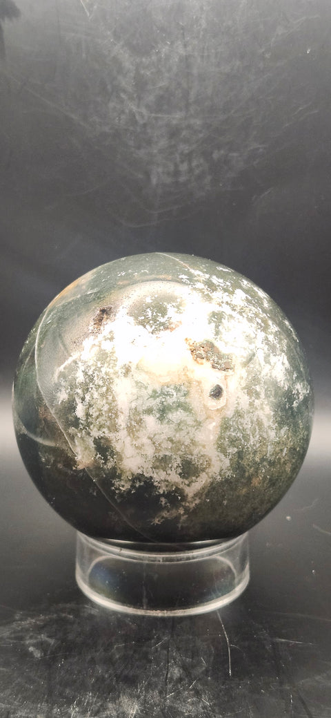 Moss agate sphere. 74.3mm, 2.92 inches, 1.4 pounds!