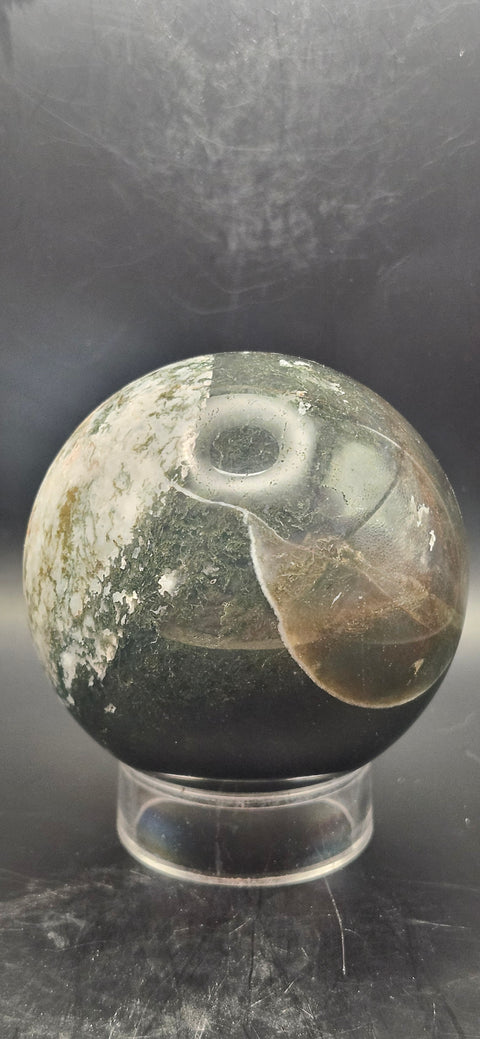 Moss agate sphere. 74.3mm, 2.92 inches, 1.4 pounds!