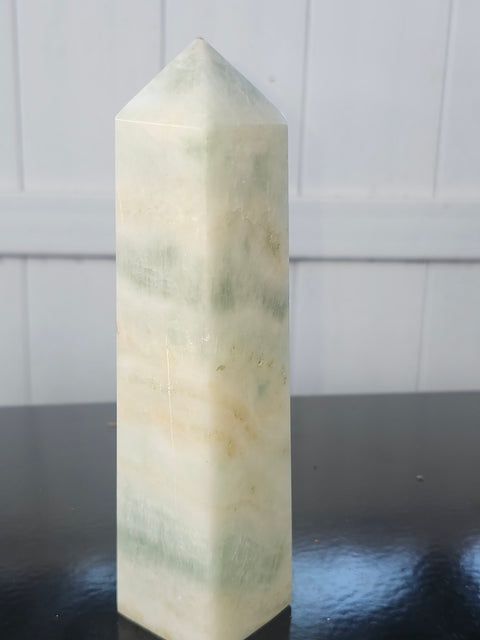 Blue and white striped calcite tower! 1.3 pounds, 7 inches