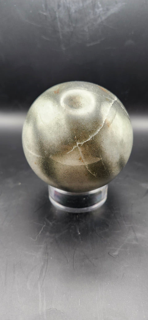 Green,gray aventurine sphere, 72.3mm, 2.84 inches, 1.2 pounds. Sparkles!!