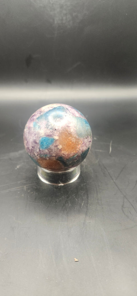Blue apatite, lepidolite, Sunstone sphere. 45.9mm, 1.81 inches, 4.1 ounces!