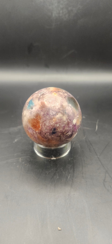 Blue apatite, lepidolite, Sunstone sphere. 45.9mm, 1.81 inches, 4.1 ounces!