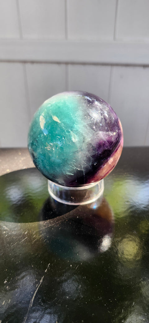 Blue,purple, clear florite sphere. 67.8mm, 2.67 inches, 1.2 pounds