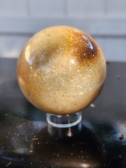 Green and gold aventurine sphere with silver flash 1.4 pounds, 74mm