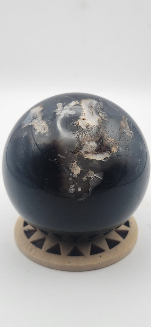 Black agate sphere. 55.6mm, 2.18 inches, 8.3 ounces!