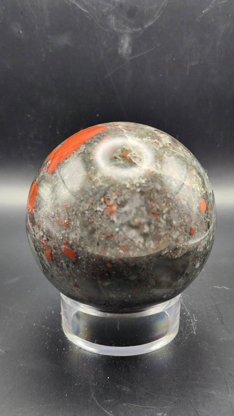 African bloodstone sphere. 66.5mm, 2.62 inches, 15.2 ounces