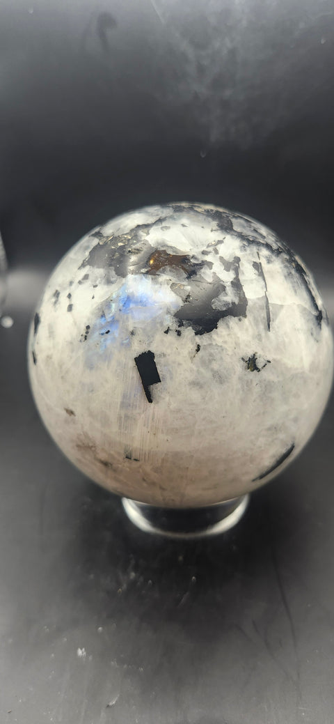 Rainbow moonstone sphere! 87.8mm, 3.45 inches, 2.2 pounds